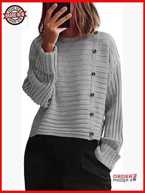 Long Sleeve Crewneck Button Loose Knit Pullover Sweater Tops